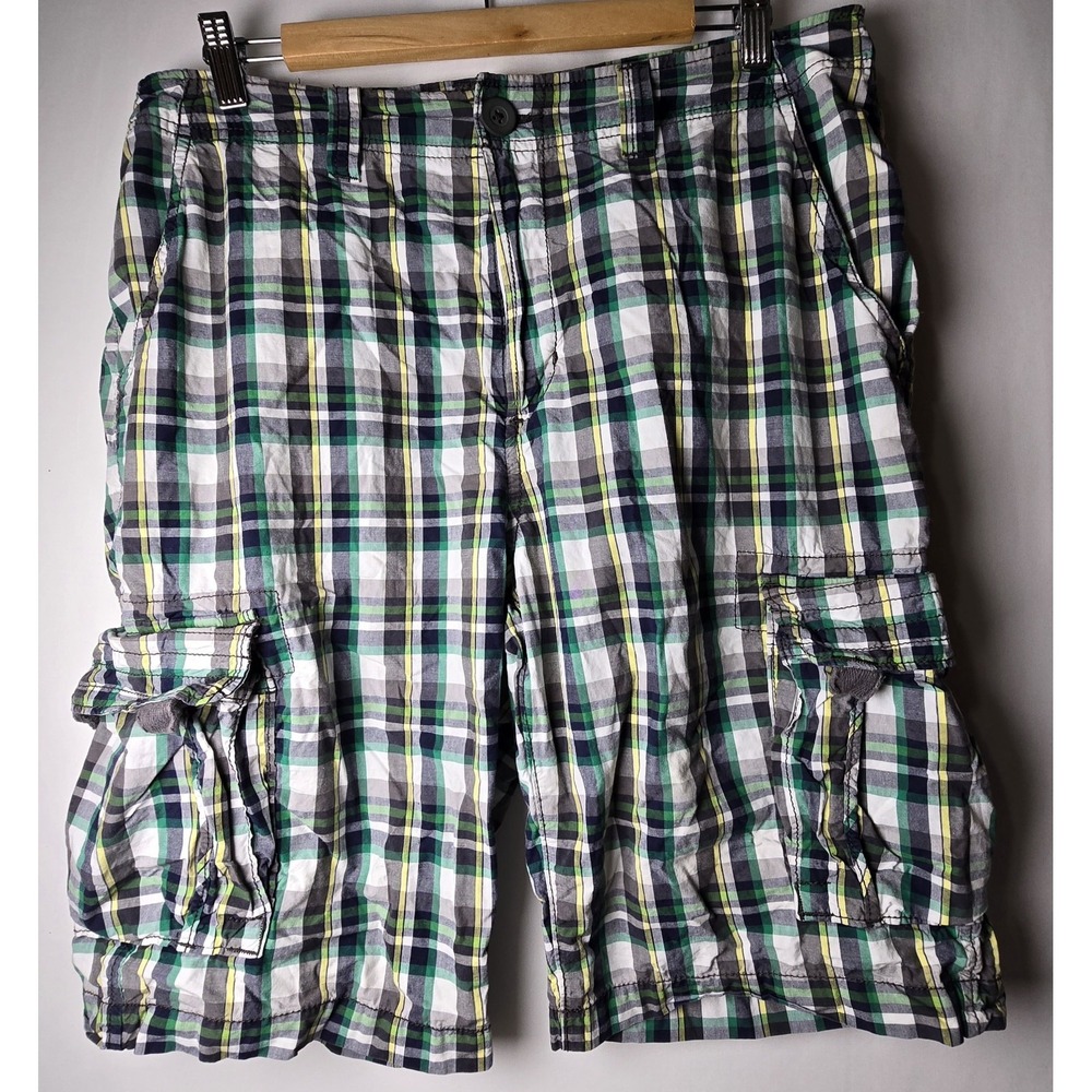 Urban Pipeline Plaid Cargo Shorts Green Yellow Cotton Relaxed‎ Fit Mens 34